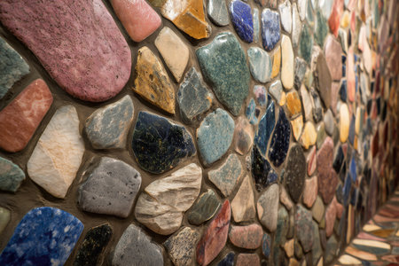 A vibrant collection of natural stones forms a decorative wall, featuring unique textures and colors.の素材