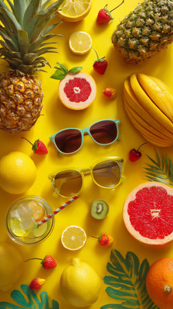 A vibrant display of a pineapple, oranges, lemons, watermelon, strawberries, and a cool drink garnished with mint. Sunglasses sit nearby, creating a summery vibe.の素材