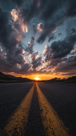 A serene view shows a long, empty road stretching towards a vibrant sunset. Colorful clouds fill the sky as the sun dips below the horizon, creating a peaceful atmosphere.の素材