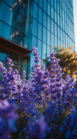 Purple flowers thrive in the foreground as a modern glass building reflects blue skies and greenery. Sunlight enhances the vibrant colors, capturing a serene moment in an urban scene.の素材