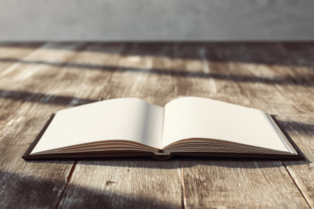 An open book rests on a rustic wooden table, illuminated by sunlight filtering through a nearby window, creating soft shadows in the room.の素材