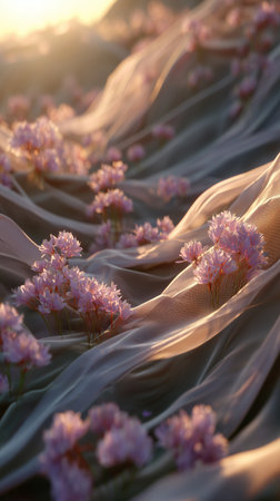Delicate pink flowers emerge from gentle fabric draped across a garden bed. The warm glow of sunset highlights the soft textures and peaceful atmosphere.の素材