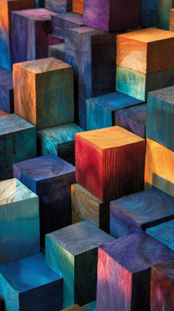 Bright wooden blocks in various shapes and sizes form a vibrant display. The colors blend beautifully, sparkling creativity and inspiring artistic ideas. Perfect for a creative workspace.の素材