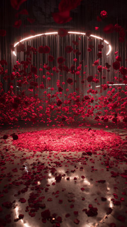 Bright red rose petals cascade from above, creating a striking scene around a glowing circular light. This artwork is set in a modern gallery, showing beauty and color.の素材