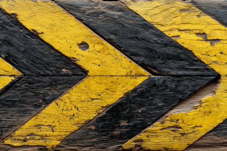A striking black and yellow striped pattern covers a rough surface, designed to catch attention. This warning design suggests caution in a dimly lit area, guiding safe navigation.の素材