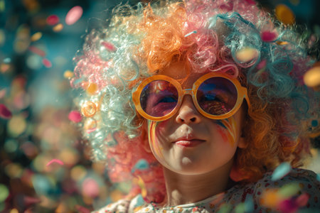 A joyful child with rainbow-colored curly hair and oversized glasses excitedly shouts while surrounded by colorful confetti during a lively celebration in a playful atmosphere.の素材
