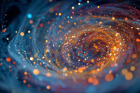 Swirling patterns of vibrant stars and light create a mesmerizing cosmic scene. The dark background contrasts with colors, giving a sense of depth and wonder in the universe.の素材