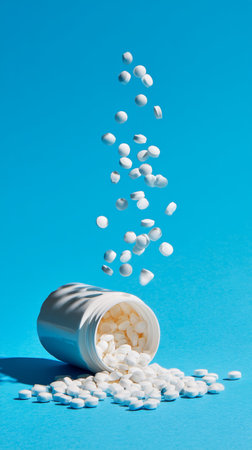 A container tipped over on a bright blue surface reveals white pills rolling out. The scene captures the contrast of the pills against the vibrant background.の素材