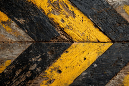 Weathered wooden boards display bold patterns of yellow and black stripes, indicating caution in a construction area. The texture shows signs of age and wear from time and exposure.の素材
