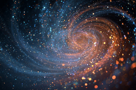 Vivid colors swirl together in a galaxy filled with stars and cosmic dust. The scene showcases dark space illuminated by orange and blue particles, creating a dynamic cosmic view.の素材