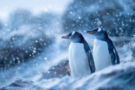 Two penguins are side by side in a snowy environment, surrounded by falling snowflakes. The chill of winter is evident as the white landscape creates a serene scene.の素材