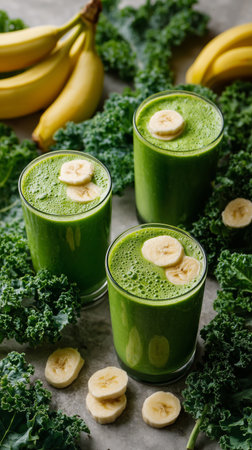 Three tall glasses of green smoothie sit on a kitchen counter surrounded by fresh kale leaves and banana slices. Ripe bananas are visible in the background, enhancing the scene.の素材