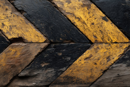 A striking black and yellow striped pattern covers a rough surface, designed to catch attention. This warning design suggests caution in a dimly lit area, guiding safe navigation.の素材