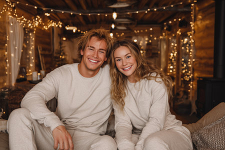 Two happy individuals sit together in a rustic cabin filled with warm fairy lights. They wear matching comfortable outfits and smile at the camera, creating a cheerful atmosphere.の素材