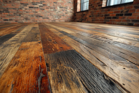 A beautiful wooden floor showcases rich textures and colors in a rustic room. The walls are made of exposed brick with large windows allowing natural light in.の素材
