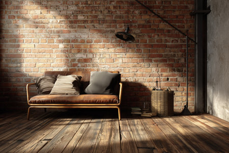 A cozy brown leather chair sits alone in a sunny room. Sunlight casts shadows on the wooden floor, and an exposed brick wall adds warmth to the space.の素材
