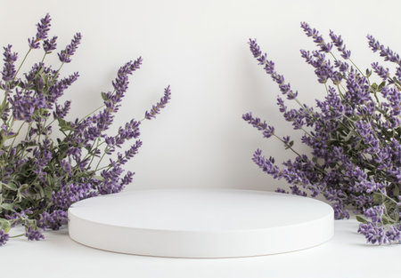 Soft lavender flowers surround a circular pedestal in an indoor setting. The white background enhances the vibrant colors and creates a calm atmosphere.の素材
