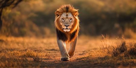 A lion strolls through the tall grass of a golden savanna, showing its powerful build and striking mane under the clear blue sky.の素材