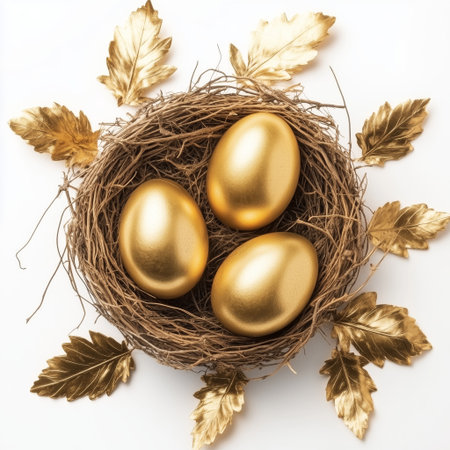 Three shiny golden eggs are resting in a woven nest made of twigs. Golden leaves decorate the area around the nest, creating an elegant and festive look on a white background.の素材