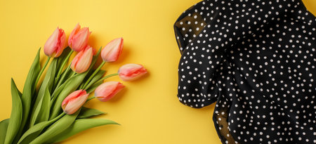 Fresh pink tulips are arranged neatly on a black and white polka dot fabric, creating a cheerful contrast against a bright yellow background, perfect for spring decoration.の素材
