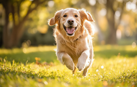 A joyful golden retriever is playfully running through a green park on a sunny afternoon, enjoying the fresh air and nature around. The dog shows excitement and happiness.の素材