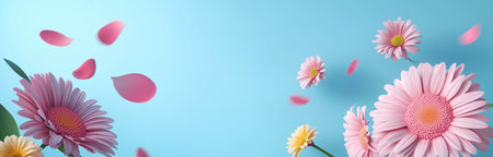 Bright gerbera daisies bloom in vibrant pink and yellow shades against a clear blue background with soft pink petals gracefully floating around them, capturing the essence of spring.の素材