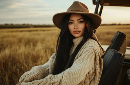 A young woman sits in a safari vehicle, smiling softly against a backdrop of tall grass and distant trees during golden hour.の素材