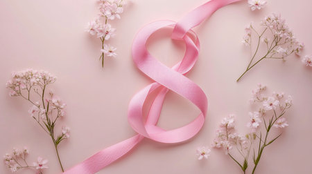 Pink ribbon shaped like the number eight is surrounded by delicate cherry blossoms on a soft pink background, creating a charming and elegant scene for celebrations or awareness.の素材