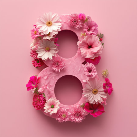 Colorful flowers adorn a large pink number eight on a soft pink background. This vibrant design is perfect for birthdays or festive occasions, celebrating joy and beauty.の素材
