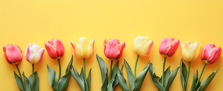 Fresh pink tulips are arranged neatly on a black and white polka dot fabric, creating a cheerful contrast against a bright yellow background, perfect for spring decoration.の素材