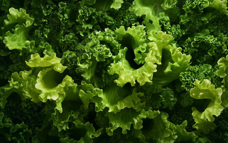 Lush green lettuce fills the scene with vibrant curls and textures, showing its freshness under natural light in a garden environment. Perfect for healthy meals.の素材