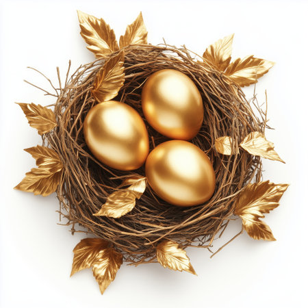 Three shiny gold eggs rest in a natural twig nest adorned with golden leaves. The setting is bright and cheerful, creating a festive atmosphere perfect for celebration.の素材