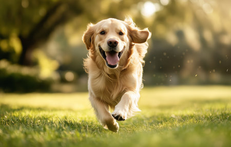 A joyful golden retriever is playfully running through a green park on a sunny afternoon, enjoying the fresh air and nature around. The dog shows excitement and happiness.の素材