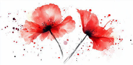 Three lovely poppies stand tall with delicate petals in shades of red.の素材