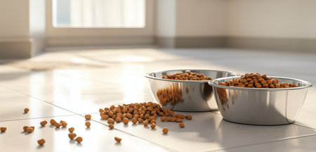 Two metal bowls filled with pet kibble sit on a clean tiled floor. Some kibble has spilled out, and natural light fills the room, creating a warm atmosphere.の素材