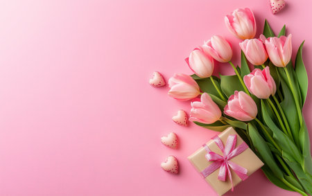 A bouquet of pink tulips is arranged next to a small gift wrapped in gold paper with a ribbon. Heart-shaped treats scattered around add to the festive mood on a pink background.の素材