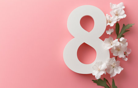 A white number eight is adorned with delicate pink paper flowers against a soft pink background. This design is perfect for celebrations, birthdays, or anniversaries.の素材
