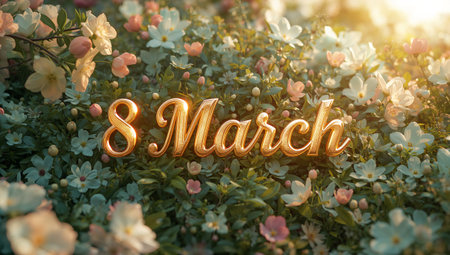 A vibrant garden filled with colorful flowers welcomes the celebration of March 8, symbolizing joy and beauty as soft sunlight filters through the blooms.の素材