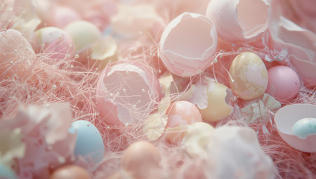 Springtime decorations feature an array of pastel-colored eggs and broken shells scattered among soft, fluffy material, creating a cheerful atmosphere for seasonal festivities.の素材