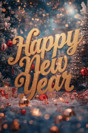 Golden letters form the words Happy New Year among sparkling ornaments and Christmas trees, creating a joyful celebration atmosphere filled with warmth and cheer.の素材