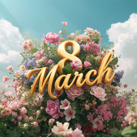 A vibrant garden filled with colorful flowers welcomes the celebration of March 8, symbolizing joy and beauty as soft sunlight filters through the blooms.の素材