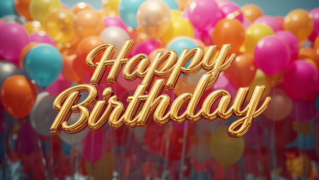 Bright balloons in various colors fill the scene, enhancing the cheerful atmosphere of a birthday celebration. The words Happy Birthday add excitement and joy to the moment.の素材