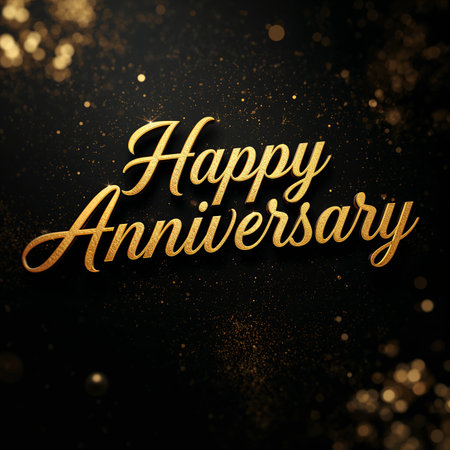 A golden happy anniversary message is displayed against a dark background, surrounded by shimmering sparkles, creating a festive and elegant atmosphere for celebration.の素材
