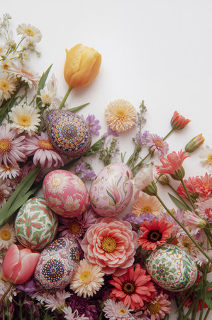 Brightly colored eggs with intricate designs rest among a variety of spring flowers. This cheerful scene captures the essence of springtime celebrations and festive decorations.の素材
