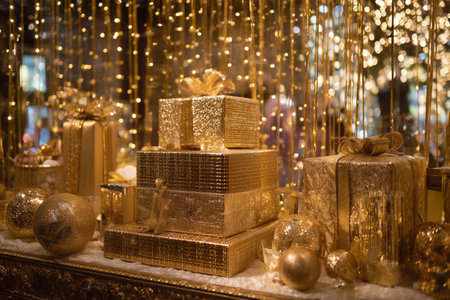 Decorative gifts and ornaments are arranged on a table with golden lights shining in the background during a celebration. The scene shows various shapes and sizes of gifts.の素材