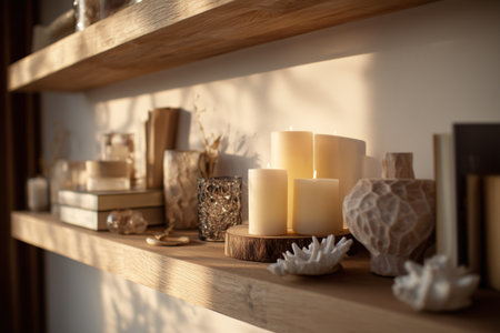 A wooden shelf holds various candles and decorative objects. The sunlight casts shadows on the wall and items. Dried plants are arranged in a small vase for added detail.の素材