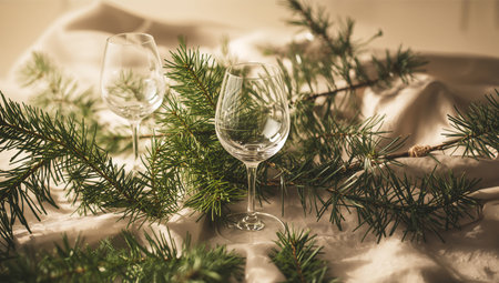 Two clear glasses sit among green pine branches on a light cloth surface. The arrangement suggests preparation for a gathering during the holiday season.の素材