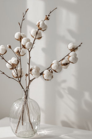 A cotton branch sits in a clear vase on a table. Sunlight shines through a nearby window, creating shadows on the wall and highlighting the cotton.の素材