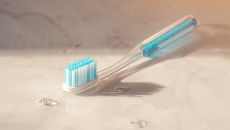 A toothbrush rests on a bathroom counter beside droplets of water. The bristles are clean, and the setting shows the light of morning. This scene captures daily hygiene habits.の素材