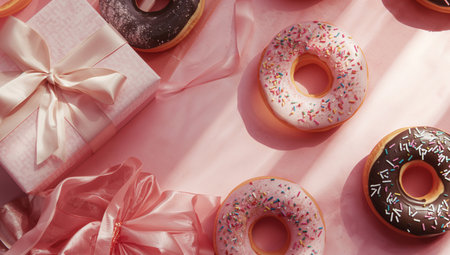 Donuts of various colors and toppings are arranged on a pink surface. A gift box is also present, adding to the festive setting.の素材
